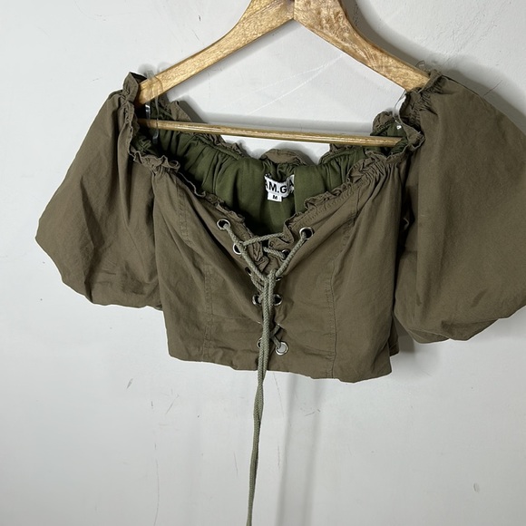 AM GIA Green Off Shoulder Puff Sleeve Lace Up Corset Cropped Crop Top M - Picture 9 of 10